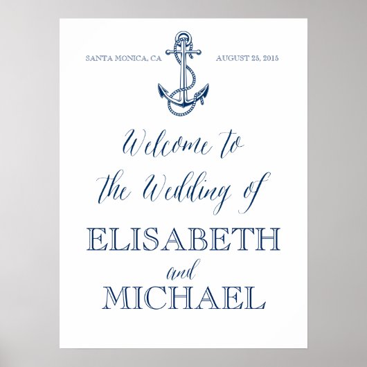 Nautical Wedding Welcome sign, marineblauw en wit Poster (Voorkant)