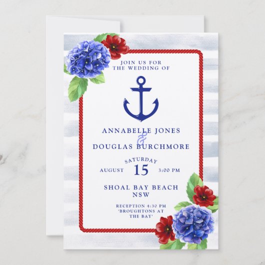 Nautical Wedding White Red Blue Floral Waterverf Kaart (Voorkant)