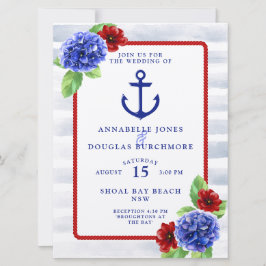 Nautical Wedding White Red Blue Floral Waterverf Kaart