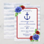 Nautical Wedding White Red Blue Floral Waterverf Kaart (Voorkant / Achterkant)