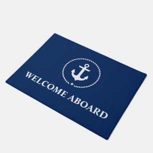 Nautical Welcome Aboard Anchor Rope Navy Blue Deurmat