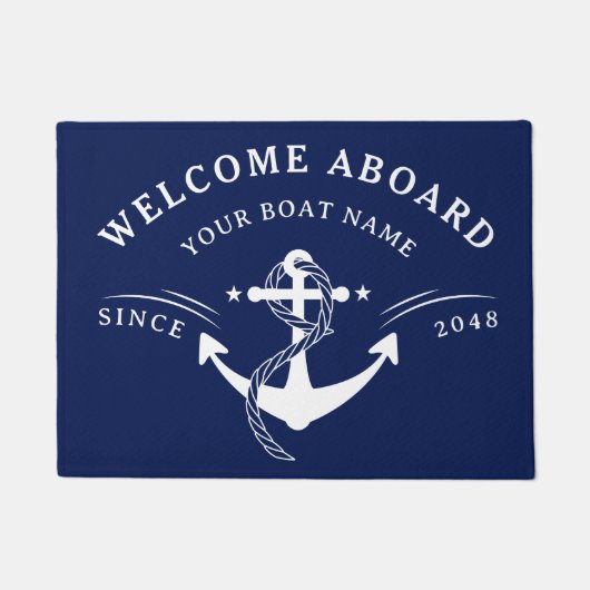 Nautical Welcome Aboard Naam Anchor Navy Blue Deurmat (Voorkant)
