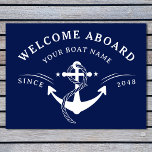 Nautical Welcome Aboard Naam Anchor Navy Blue Deurmat<br><div class="desc">Welkom aan boord van je schip met deze aangepaste Nautical Welcome Aboard Name Anchor Navy Blue Doormat! Deze doormat is ontworpen met een klassieke blauwe achtergrond voor de marine en een vooraanstaand bootanker en is de perfecte aanvulling op je thuis in het meer of kustgebied of op je boot. Dit...</div>