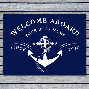 Nautical Welcome Aboard Naam Anchor Navy Blue Deurmat