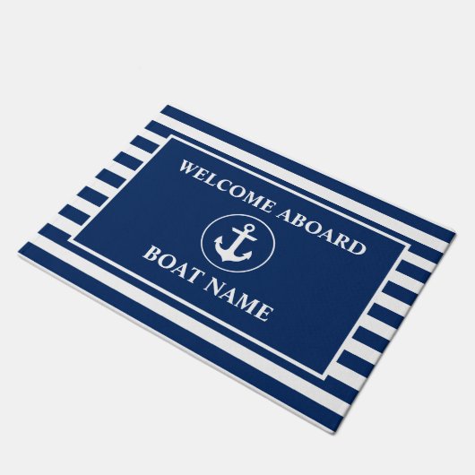Nautical Welcome Aboard Navy Blue Striped Anchor Deurmat (Schuin)
