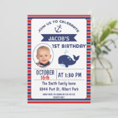 Nautical Whale 1e verjaardagsfeestje uitnodiging (Staand voorkant)