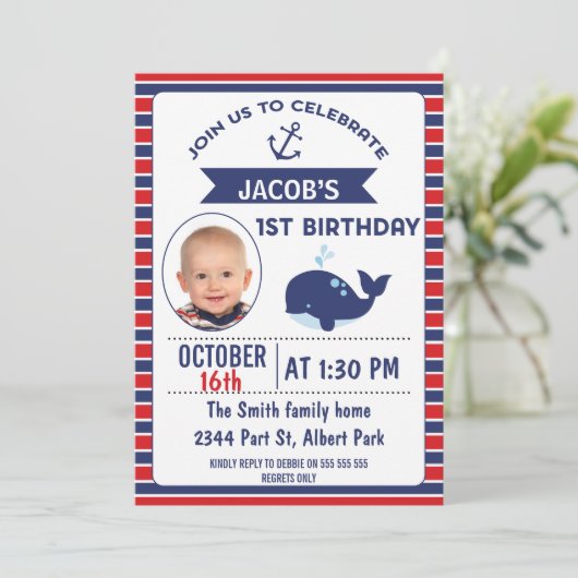 Nautical Whale 1e verjaardagsfeestje uitnodiging (Staand voorkant)