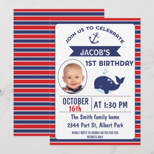 Nautical Whale 1e verjaardagsfeestje uitnodiging (Voorkant / Achterkant)