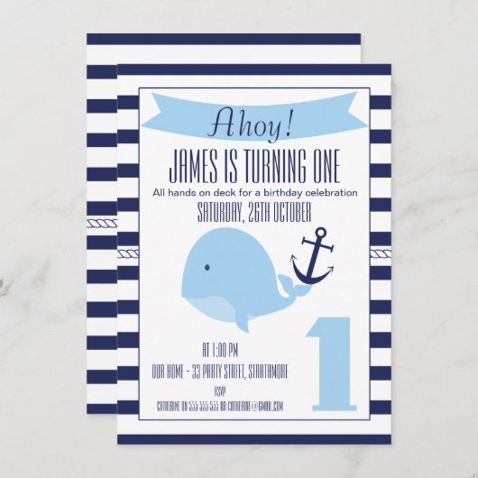 Nautical Whale 1st Birthday Invitation for Boy Kaart (Voorkant / Achterkant)