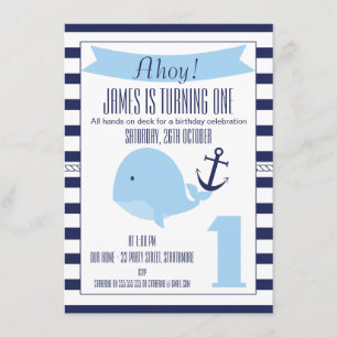 Nautical Whale 1st Birthday Invitation for Boy Kaart