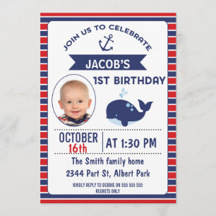 Nautical Whale 1st Birthday Party Invitation Kaart
