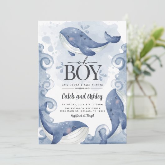 Nautical Whale Baby shower Invitation Kaart (Staand voorkant)