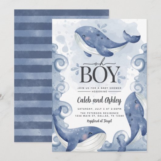 Nautical Whale Baby shower Invitation Kaart (Voorkant / Achterkant)