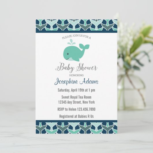 Nautical Whale Baby shower Invitation Kaart (Staand voorkant)