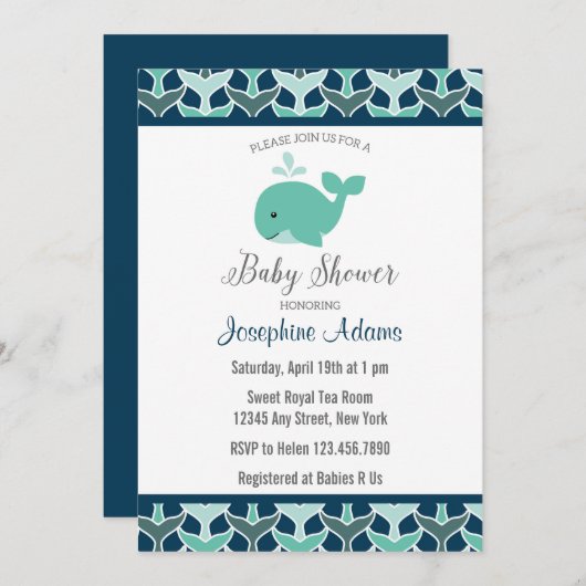 Nautical Whale Baby shower Invitation Kaart (Voorkant / Achterkant)