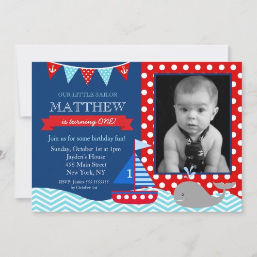 Nautical Whale Birthday Party Invitation Kaart (Voorkant)