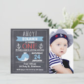 Nautical Whale Chalkboard 1st Birthday Invitation Kaart (Staand voorkant)