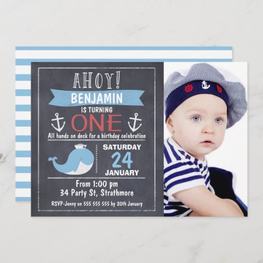 Nautical Whale Chalkboard 1st Birthday Invitation Kaart (Voorkant / Achterkant)
