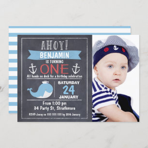Nautical Whale Chalkboard 1st Birthday Invitation Kaart