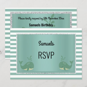 Nautical Whale Green White Stripe Birthday RSVP Kaart