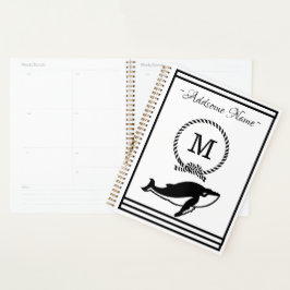 Nautical Whale Monogram Elegant Black White Planner