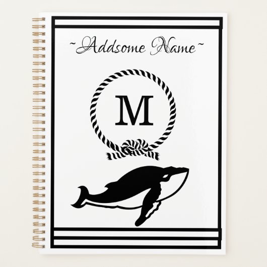 Nautical Whale Monogram Elegant Black White Planner (Voorkant)