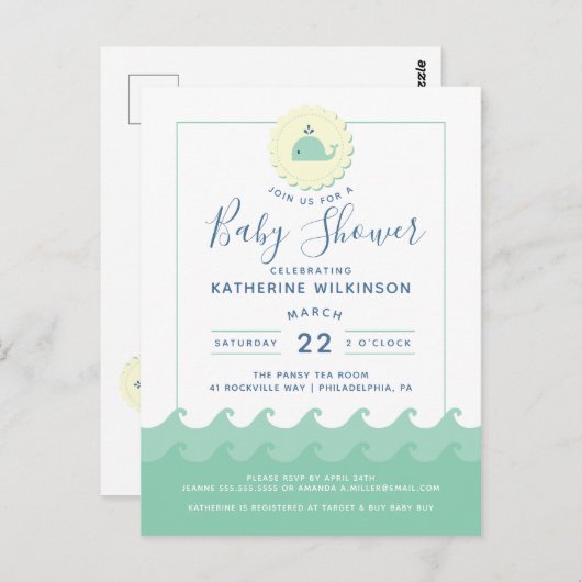 Nautical Whale Pastel Baby shower Uitnodiging (Voorkant / Achterkant)