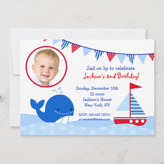 Nautical Whale Photo Birthday Party Invitations Kaart (Voorkant)