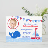 Nautical Whale Photo Birthday Party Invitations Kaart (Staand voorkant)
