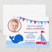 Nautical Whale Photo Birthday Party Invitations Kaart (Voorkant / Achterkant)