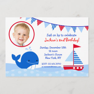 Nautical Whale Photo Birthday Party Invitations Kaart