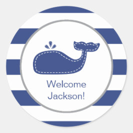 Nautical Whale Sticker, Preppy Navy Rugby Stripes Ronde Sticker
