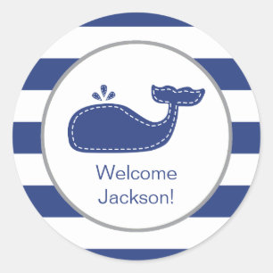 Nautical Whale Sticker, Preppy Navy Rugby Stripes Ronde Sticker