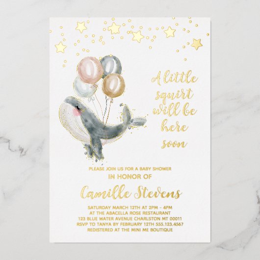 Nautical Whale Waterverf Baby shower Girl Folie Uitnodiging (Voorkant)