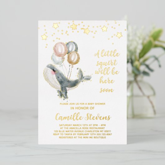 Nautical Whale Waterverf Baby shower Girl Folie Uitnodiging (Staand Voorkant)