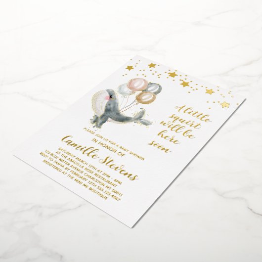 Nautical Whale Waterverf Baby shower Girl Folie Uitnodiging (Gedraaid)