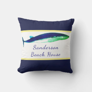 Nautical Whale Waterverf Navy Blue Yellow kustkust Buitenkussen