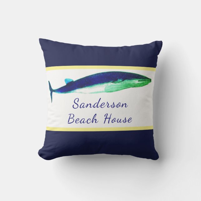 Nautical Whale Waterverf Navy Blue Yellow kustkust Buitenkussen (Voorkant)