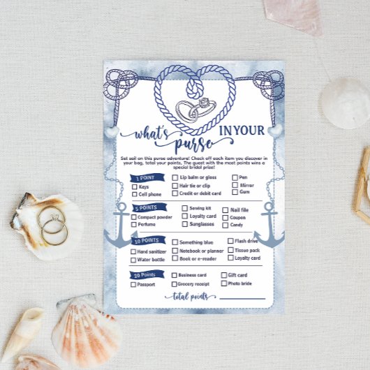 Nautical What in Your Purse Game Bridal Shower Kaart