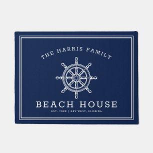 Nautical Wheel Beach House Welcome Navy and White Deurmat