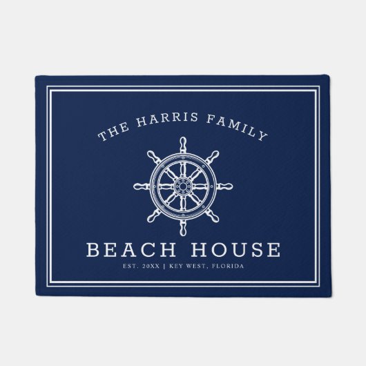 Nautical Wheel Beach House Welcome Navy and White Deurmat (Voorkant)