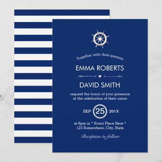 Nautical Wheel Helm Navy Blue Wedding Invitations Kaart (Voorkant / Achterkant)