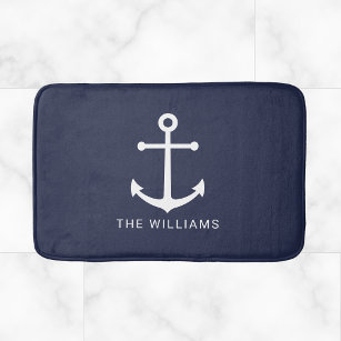 Nautical White Anchor and Custom Name on Navy Blue Badmat