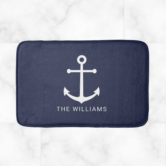 Nautical White Anchor and Custom Name on Navy Blue Badmat