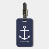 Nautical White Anchor and Custom Name on Navy Blue Bagagelabel (Voorkant verticaal)