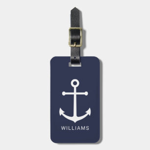 Nautical White Anchor and Custom Name on Navy Blue Bagagelabel