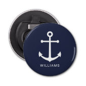 Nautical White Anchor and Custom Name on Navy Blue Button Flesopener (Voorkant)