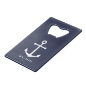 Nautical White Anchor and Custom Name on Navy Blue Creditkaart Flessenopener (Voorkant Gekanteld)