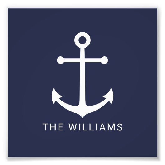 Nautical White Anchor and Custom Name on Navy Blue Foto Afdruk (Voorkant)
