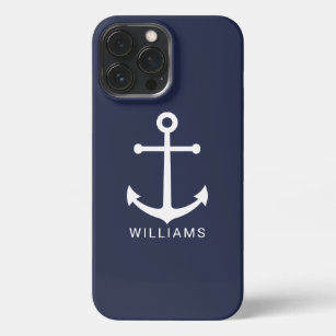 Nautical White Anchor and Custom Name on Navy Blue iPhone 13 Pro Max Hoesje